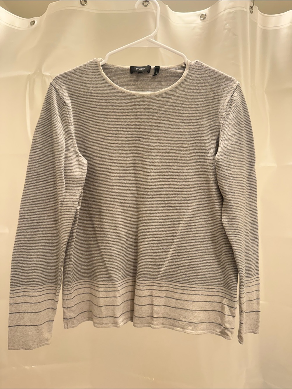 Theory Gray and White Striped Crewneck Sweater